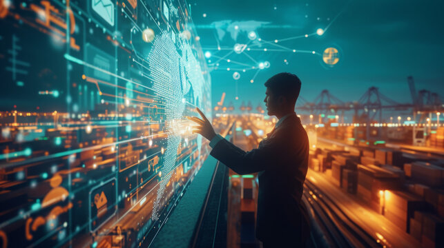 futuristic scene where a person is using augmented reality (AR) to interact with a complex interface, overlaid on a shipping port background.