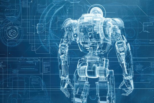 A blueprint image capturing the detailed design of a robot, placed against a solid blue background, An intricate blueprint of a robot's inner machinery, AI Generated