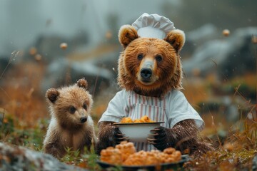A furry kodiak bear donning a chef hat and apron serves up a delicious bowl of food amidst a picturesque outdoor setting, embodying the perfect balance of playful toy and majestic mammal