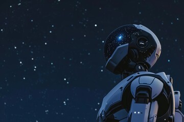 A robot stands under a star-filled sky, gazing upward with curiosity and wonder, An introspective robot staring at the night sky, AI Generated