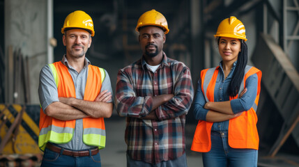 three construction workers, each wearing hard hats and high-visibility vests, are standing confidently in an industrial setting.