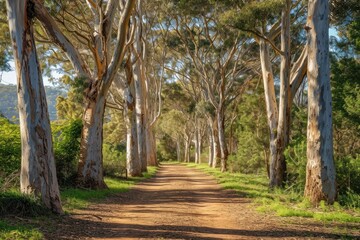 A dirt road winds its way through a lush forest, with towering trees providing a captivating natural backdrop, An inviting scenic trail under a canopy of whispering eucalyptus trees, AI Generated