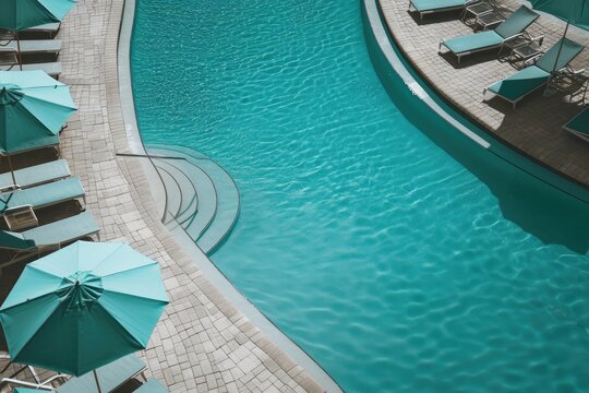 A photo displaying a swimming pool surrounded by lounge chairs and umbrellas, An inviting turquoise swimming pool surrounded by lounge chairs and beach umbrellas, AI Generated