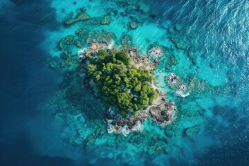 Naklejka na ściany i meble A small island covered in lush palm trees sits in the vast expanse of the ocean, An island surrounded by crystal blue waters viewed from above, AI Generated