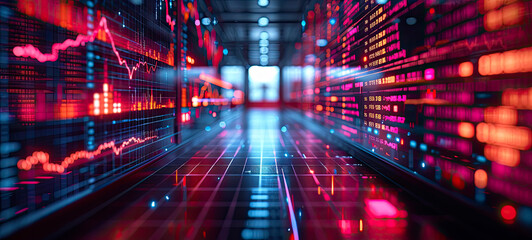 Futuristic Financial Data Corridor - Illuminated Stock and Crypto Trading Figures in Real-Time Display, AI Generated