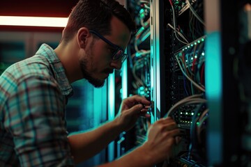 An IT technician can be seen working diligently on a server in a busy server room, surrounded by racks of equipment and cables, An IT professional repairing a supercomputer, AI Generated