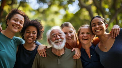 Obraz premium diverse group of people, including two older men and three younger women, are laughing and embracing each other