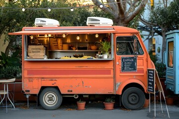 An eye-catching orange food truck is parked in front of a building, offering delectable treats to hungry customers, An Italian pasta food truck under the Tuscan sun, AI Generated