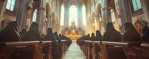 Pensive group of nuns deep in prayer within a church. Concept Serene spiritual moments, Devotion and prayer, Quiet contemplation, Sacred spaces, Inner reflection - obrazy, fototapety, plakaty