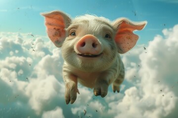 A suidae mammal defies gravity as it soars through the sky, its snout pointed towards the fluffy clouds, showcasing the unexpected beauty of a domestic pig in flight - obrazy, fototapety, plakaty