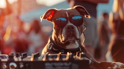 pit bull dog playing DJ