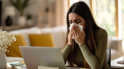 woman sitting at a desk in front of a laptop, blowing her nose into a tissue, possibly suffering from a cold or allergies, with a vase of flowers and a bright interior setting in the background.
