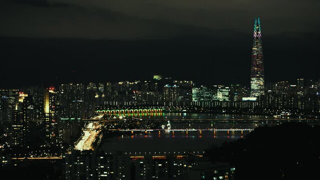 Mountain top night view of urban city skyline of Seoul in South Korea, Asia.