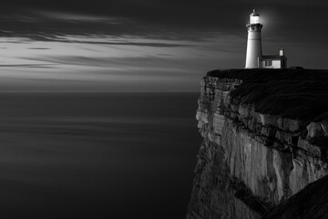 A black and white photo showcasing a lighthouse standing tall on a cliff by the sea, An old...