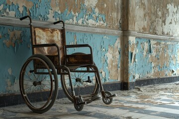 Fototapeta na wymiar A worn-out wheelchair positioned in front of a blue wall, illustrating the passage of time and neglect, An old rusty wheelchair in an abandoned hospital, AI Generated