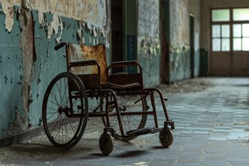 Fototapeta na wymiar An aged wheelchair is seen resting inside a deteriorated building, An old rusty wheelchair in an abandoned hospital, AI Generated