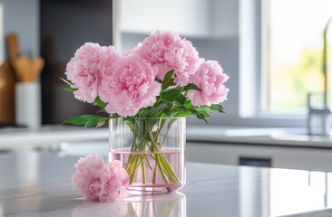 pink flowers in a glass vase on a kitchen countertop