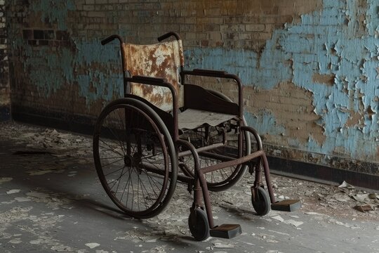 A weathered wheelchair is left forgotten in a rundown and deteriorated room, An old rusty wheelchair in an abandoned hospital, AI Generated