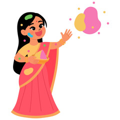 Indian girl splashing color and having fun in holi festival illustration