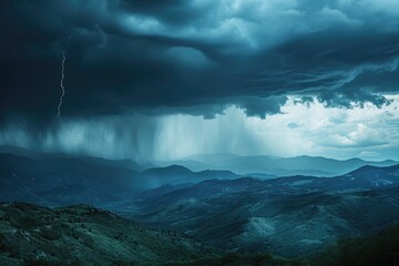 A powerful storm sweeps across the sky, casting dark clouds and eerie lighting over a majestic mountain range, An ominous thunderstorm rolling across the mountains, AI Generated