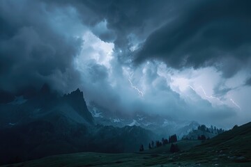 A dark and ominous thunderstorm rolls in, engulfing a majestic snow-capped mountain range, An ominous thunderstorm rolling across the mountains, AI Generated - obrazy, fototapety, plakaty