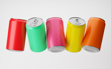 Colored aluminum soda cans isolated over white background. Mockup template. 3d rendering.
