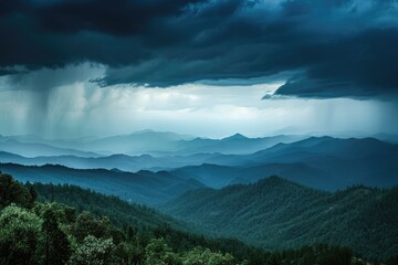A breathtaking view captures a majestic mountain range set against a dramatic backdrop of clouds, An ominous thunderstorm rolling across the mountains, AI Generated