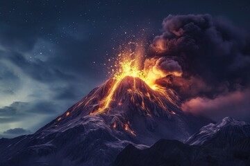 Fototapeta premium A volcano violently erupts, spewing glowing red lava high into the night sky, An ominous volcano erupting at night, AI Generated