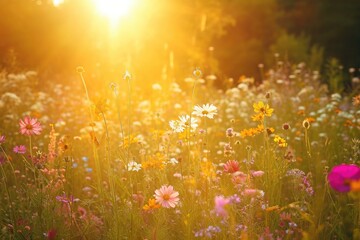 Bright Sunlight Illuminates a Field of Wildflowers, An open field lit by the golden sun with vibrant wildflowers in full bloom, AI Generated