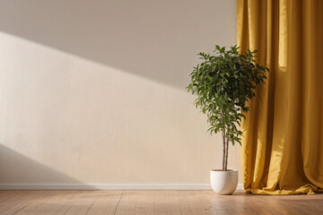 Interior shot of a room with plants and yellow curtains and sunlight from the left window.