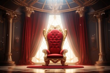 Throne Room with Gold royal chair, Luxury red velvet armchair on the stage. 3d rendering, Ai generated - obrazy, fototapety, plakaty