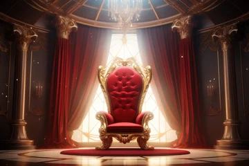 Fotobehang Throne Room with Gold royal chair, Luxury red velvet armchair on the stage. 3d rendering, Ai generated © Tanu