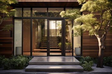 A contemporary-style house featuring a spacious glass door that allows ample natural light into the interior.