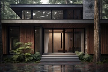 A house nestled among the trees in a forested area, featuring a multitude of windows that illuminate the interior with natural light.