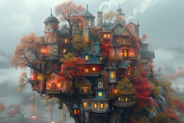 A fantasy village on a cliff with magical houses, lanterns, and a surreal, misty atmosphere.
