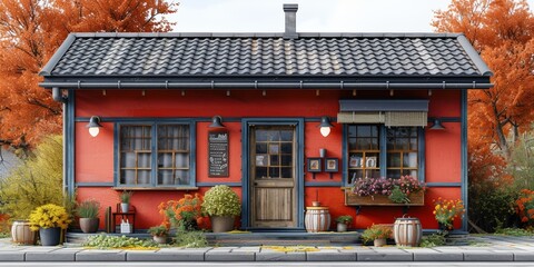 A lovely rural shop adorned with blooming potted plants, exuding quaint charm and picturesque beauty.