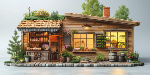 A charming rustic model shop with a wooden facade, selling juice and cookies, adorned with plants.