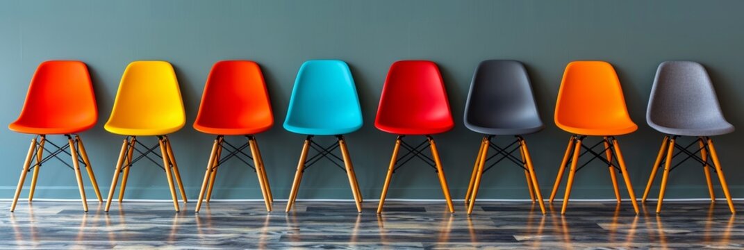 Vibrant plastic chairs in a row, standing alongside a wall on a marble floor.