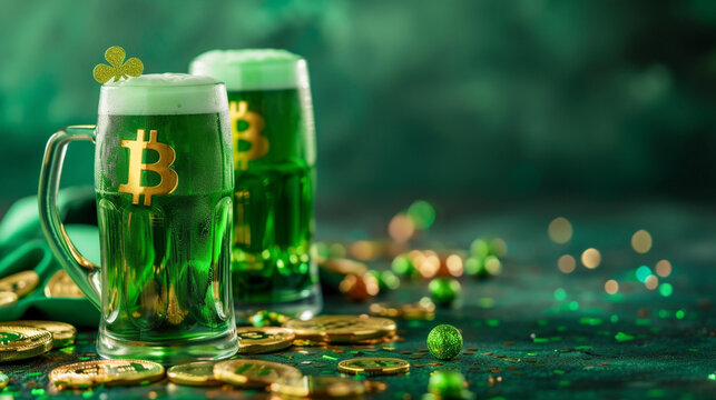 St Patrick's Day beer and clover with gold coins represent festive celebrations and financial abundance