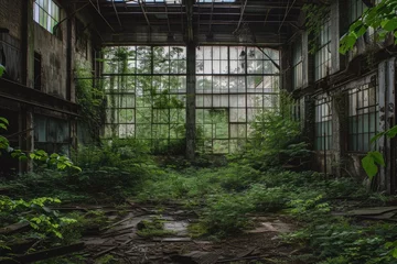 Papier Peint photo Lavable Vieux bâtiments abandonnés An abandoned building with multiple windows and overgrown vegetation, reflecting the neglect and decay of the structure, An overgrown, abandoned factory that nature has begun to reclaim, AI Generated