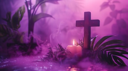 a picture of a wooden cross and a candle is next to a purple background
