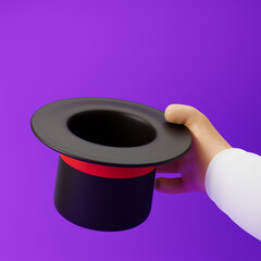 Сartoon hand holding magic hat with red ribbon isolated over purple background. 3d rendering.