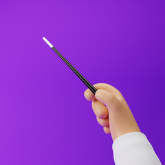 Сartoon hand holding magic wand stick isolated over purple background. 3d rendering.