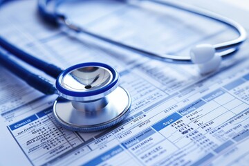 A stethoscope is positioned on a medical paper, ready for examination or diagnosis, An overhead view of a stethoscope coiled on a medical report, AI Generated