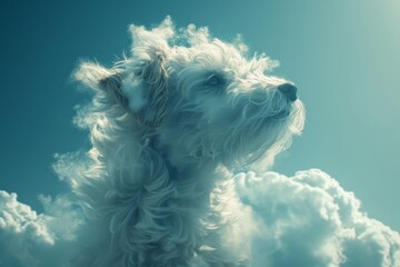 Against a backdrop of clear blue sky and fluffy white clouds, a majestic outdoor dog with flowing fur stands tall, embodying the perfect balance of grace and wildness - obrazy, fototapety, plakaty