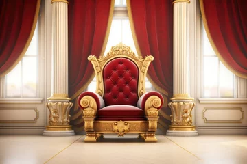 Fotobehang Throne Room with Gold royal chair, Classic interior with red armchair and golden curtains. 3d render, Ai generated © Tanu