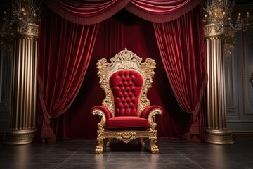 Throne Room with Gold royal chair, Classic interior with red armchair and golden curtains. 3d render, Ai generated - obrazy, fototapety, plakaty