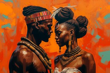 an African couple deeply in love, radiating joy and connection. - obrazy, fototapety, plakaty