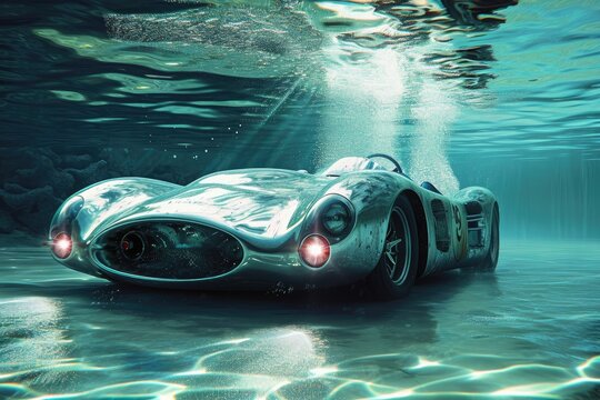 An image featuring a car fully immersed in water, showcasing the underwater environment, An underwater sports car with submarine features, AI Generated