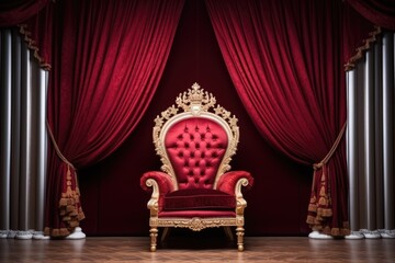 Throne Room with Gold royal chair, Classic interior with red armchair and golden curtains. 3d render, Ai generated